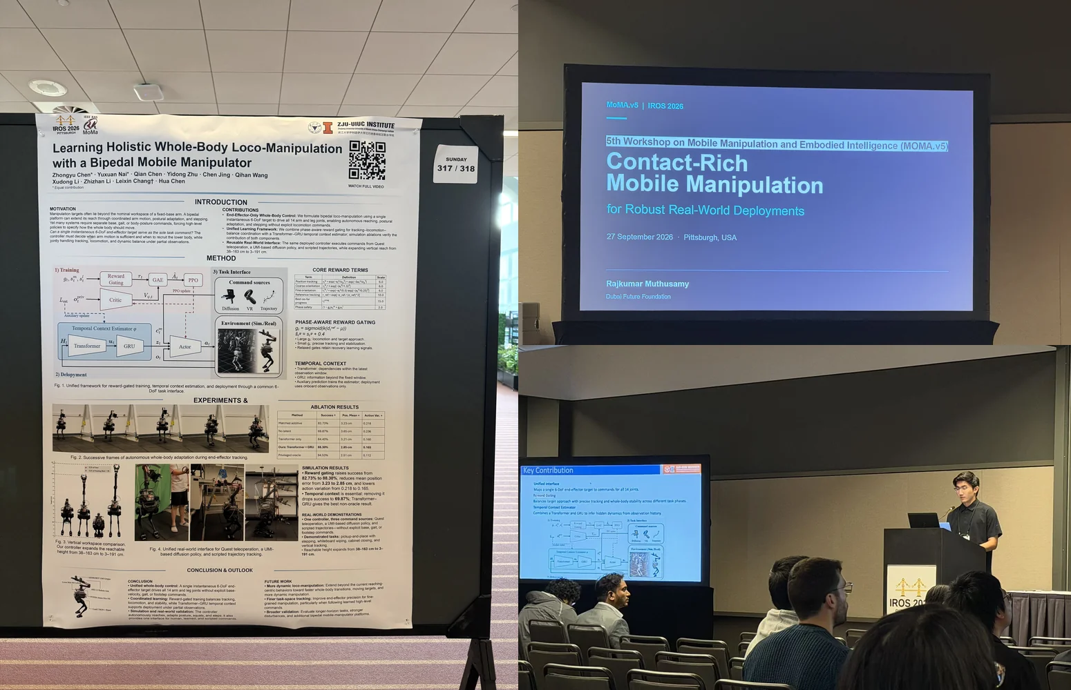 MoMA.v5 at IROS 2026: poster display on the left, workshop opening slide at upper right, and spotlight presentation at lower right